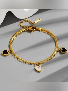 Gold-Tone Heart Charm Bracelet with Black & White Accents - Women Jewelry